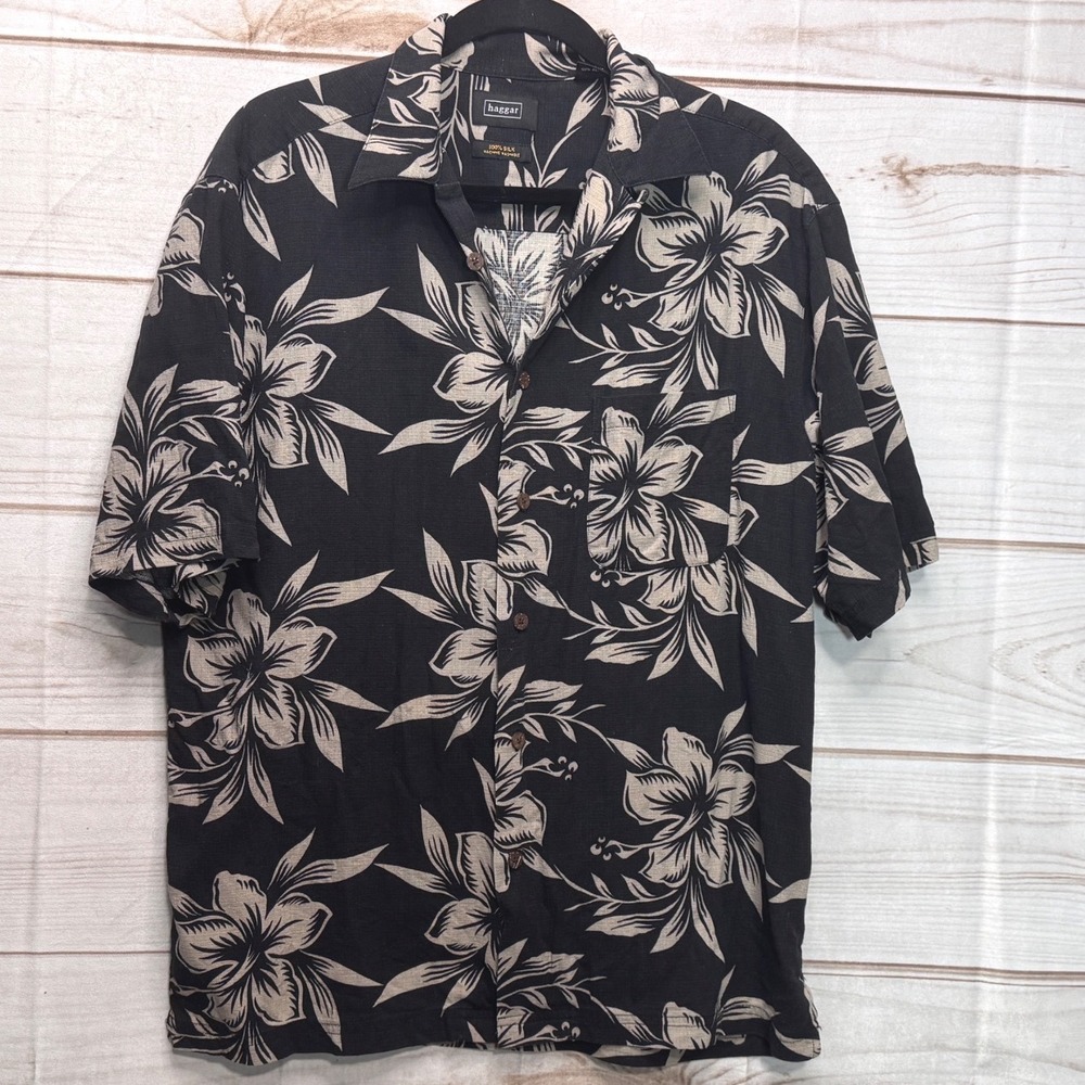 Haggar Mens 100% Washable Silk Tropical Floral Button Down Shirt Black Tan M